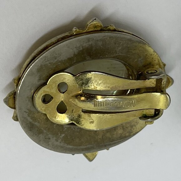 Vintage Whiting & Davis Gold Tone and Mother of Pearl Clip-on Earrings Gift - Picture 6 of 14